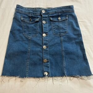 Edge of Reason Blue Denim Button Front Fray Hem Mini Skirt Womens Size M